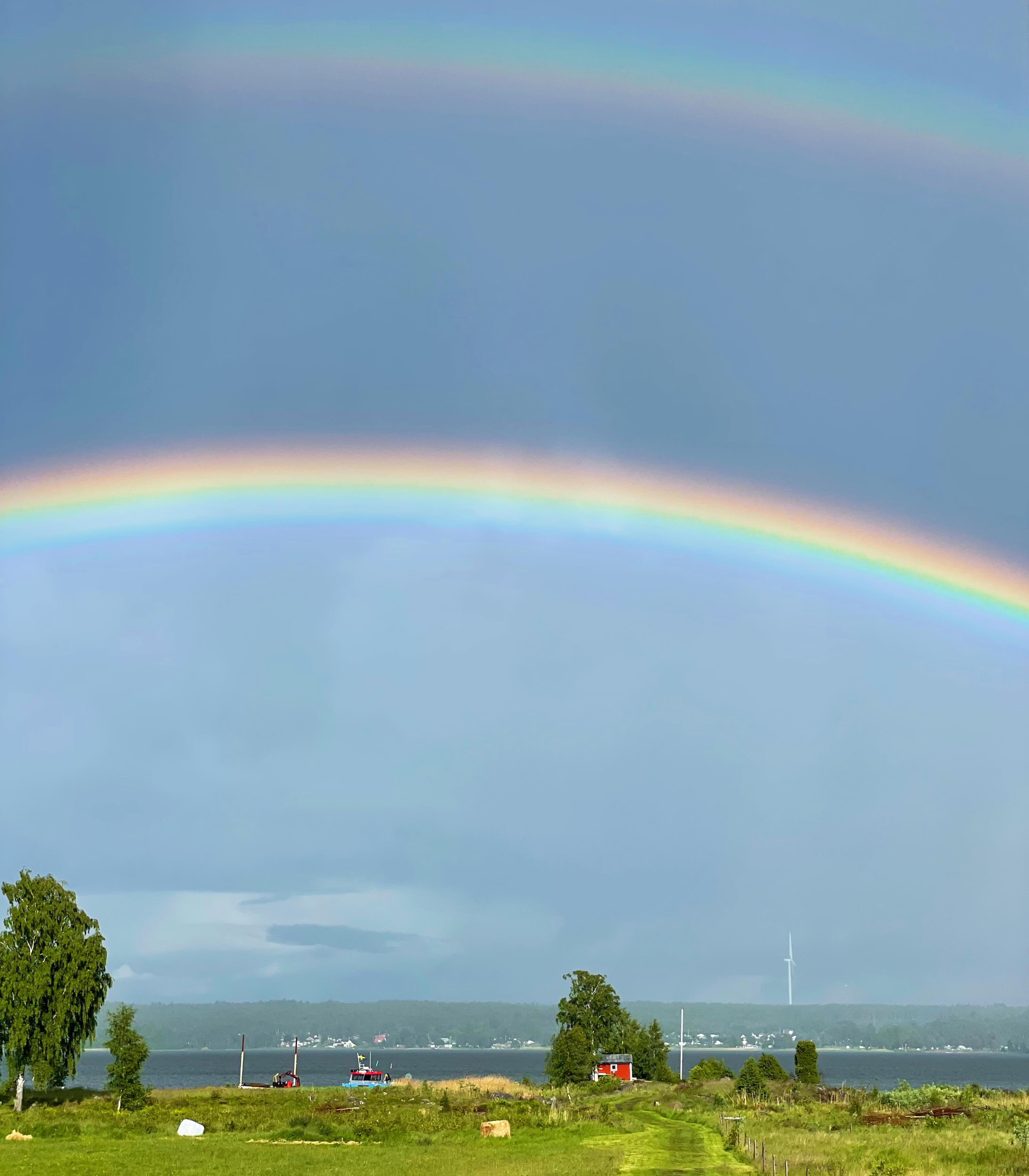 Först blir man irriterad för att det kommer världens regnskur precis när man kommit ut i trädgårdslandet. Men sen blir man glad när man ser att det blev en regnbåge 🌈 Märkligt.
/J